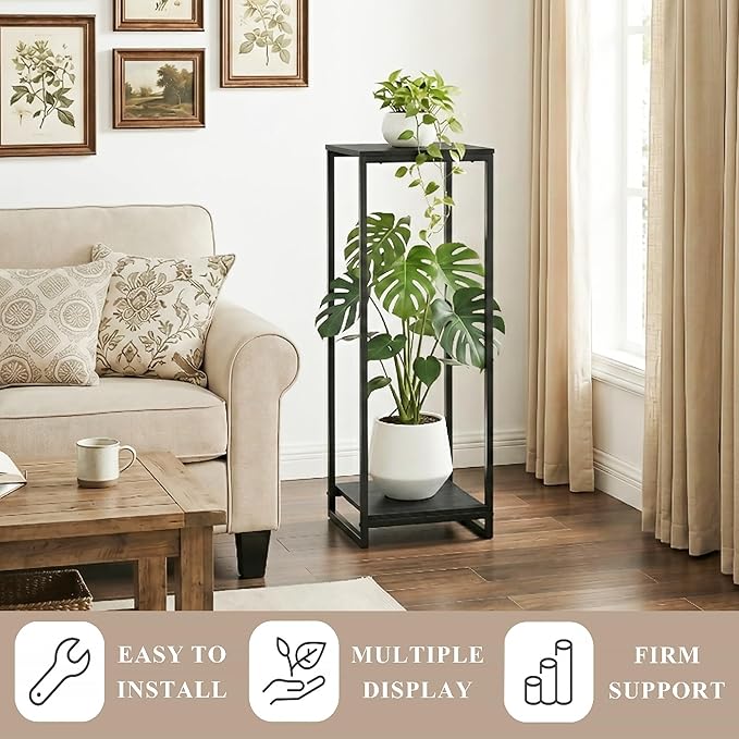 34" Tall Plant Stand Indoor, 2-Tier Modern Plant Shelf, Corner Flower Pot Holder Organizer for Living Room Balcony Patio Garden (Black)