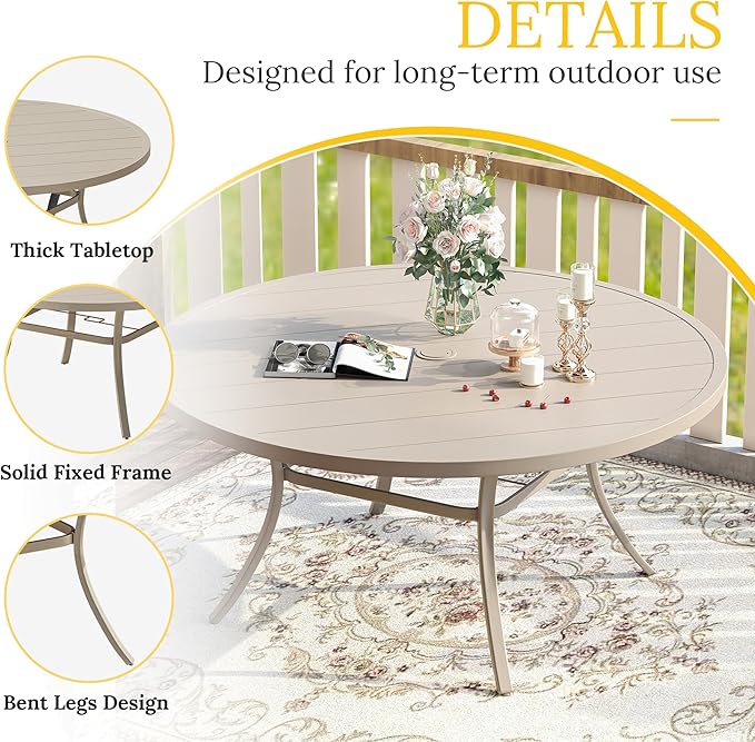 VICLLAX 50" Outdoor Round Patio Table with Umbrella Hole, All Weather Metal Round Outdoor Dining Table for Lawn Garden, 6-8 Person Table, Sandshell