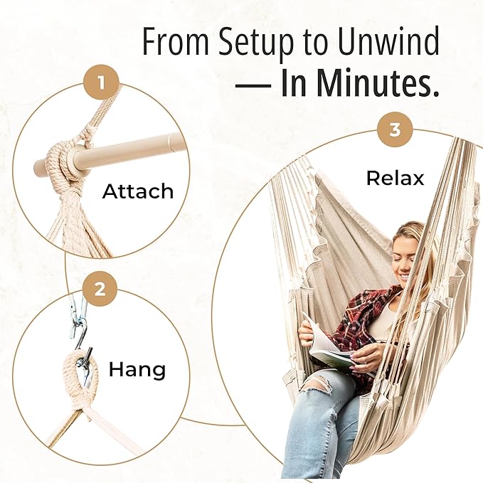 Indoor Hanging Chair for Bedroom, Patio, Porch or Room - Hammock Swing Chair - Outdoor & Indoor Swing for Adults - Quick & Easy Setup with Hardware Kit – Spacious Full Body Support – Holds 440 Lbs