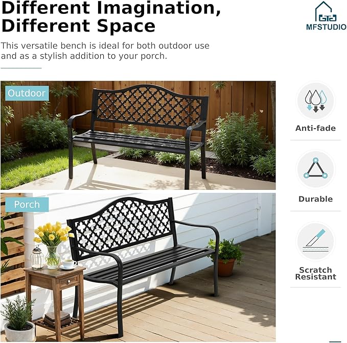 MFSTUDIO 50" Black Outdoor Metal Garden Bench, Cast Iron Frame Patio Furniture with E-Coating, Perfect for Porch and Yard