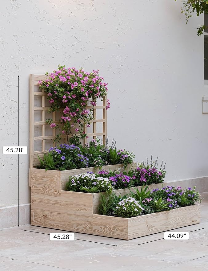 3-Tier Elevated Garden Planter, Wooden Vertical Raised Bed with Trellis & Drainage Base – Ideal for Climbing Plants, Flowers, Herbs, Vegetables – Outdoor Planter Box for Patio, Yard, or Lawn