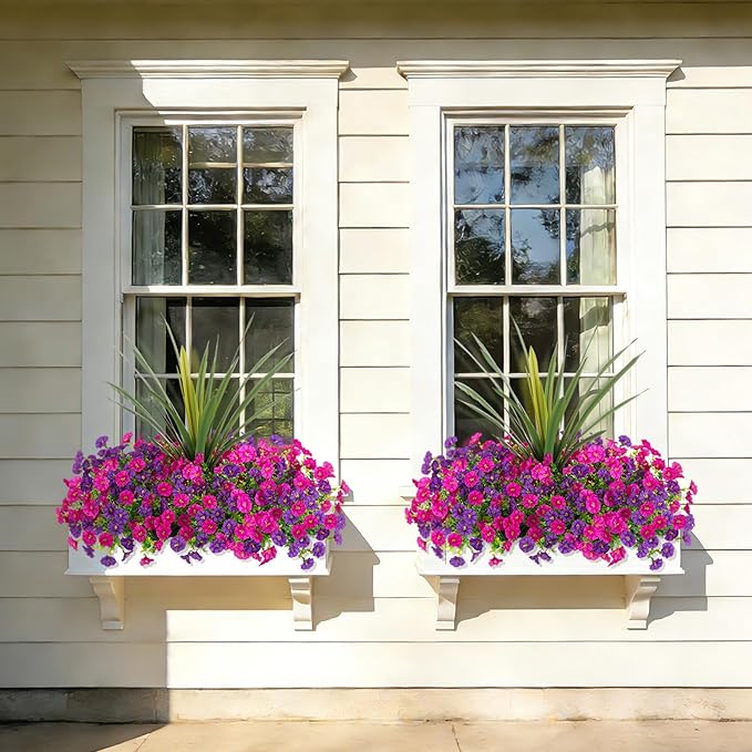 Artificial Flowers for Outdoors Fake Plants Outside, 12 Bundles Silk Morning Glory with Eucalyptus + Orchid Leaf UV Resistant Realistic Faux Flowers for Porch Planter Garden Patio (Purple Fuchsia)