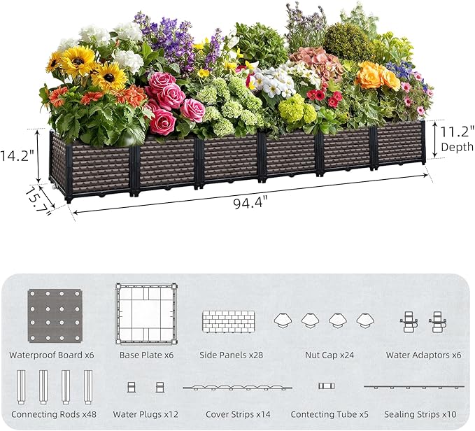 Large Planters for Outdoor Plants 14" Tall Planter Box, Raised Beds for Gardening Self Watering, Elevated Planter Box with Legs, Rectangular Garden Planters for Outdoor Plants Flowers, 94.4"L x 15.7"W