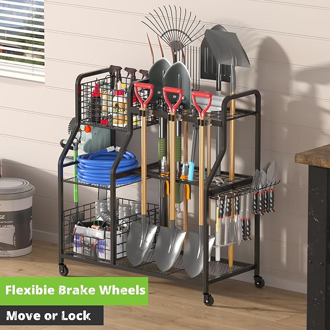 keomaisyto Garden Tool Organizer with Heavy Duty Wheels for Garage - with 2 Baskets, Large Yard Tool Organizer and Storage Holder, Utility Garden Tool Rack for/Shed/Garage/Yard/Basement/Lawn