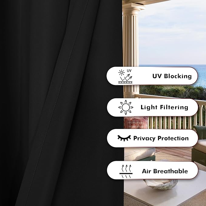 BONZER Waterproof Outdoor Curtains for Patio Porch Pergola Cabana Light Filtering Privacy Grommet Indoor Curtain Panels for Bedroom Living Room, 1 Panel, 54W x 108L inch, Black