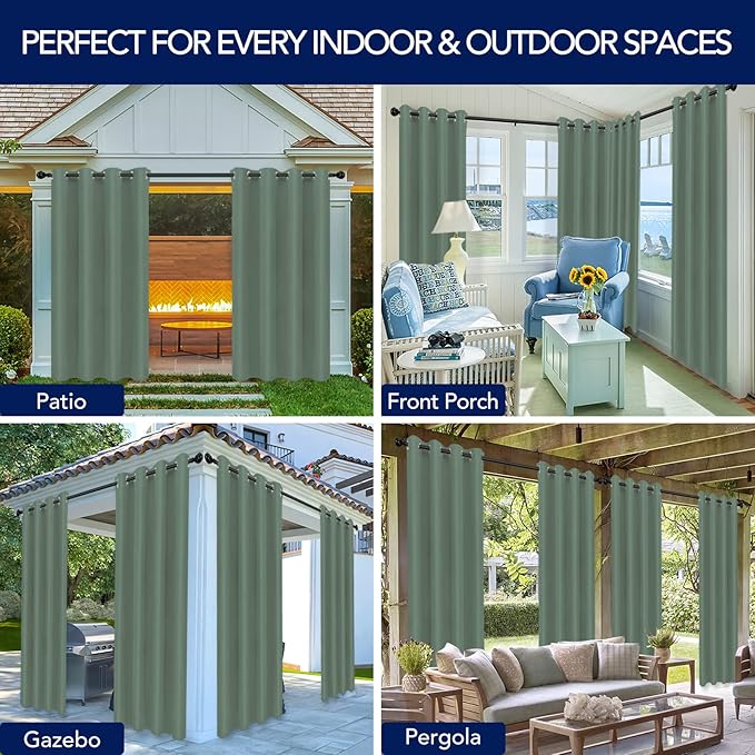 PureFit Outdoor Curtains for Patio Waterproof Weatherproof, UV and Fade Resistant Outside Curtains for Gazebo, Front Porch, Pergola, Sun Blocking Privacy Curtain, 52W x 108L inch, 1 Panel, Sage Green