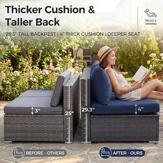 NICESOUL 11 Piece Outdoor Sectional with Fire Pit Table, 29.3'' High Back Rattan Patio Furniture Set with Firepit & Chaise Lounge, Large Deep Outdoor Sectional, 2 Color Cushion Navy Blue & Grey