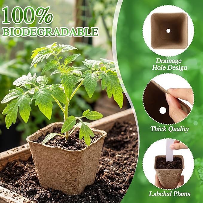 120 Pcs Square Peat Pots for Seedlings with 120 Plant Labels 3.25 and 2.3 Inch Seed Plant Starting Biodegradable Nursery Pots with Drainage Holes for Indoor Outdoor Gardens
