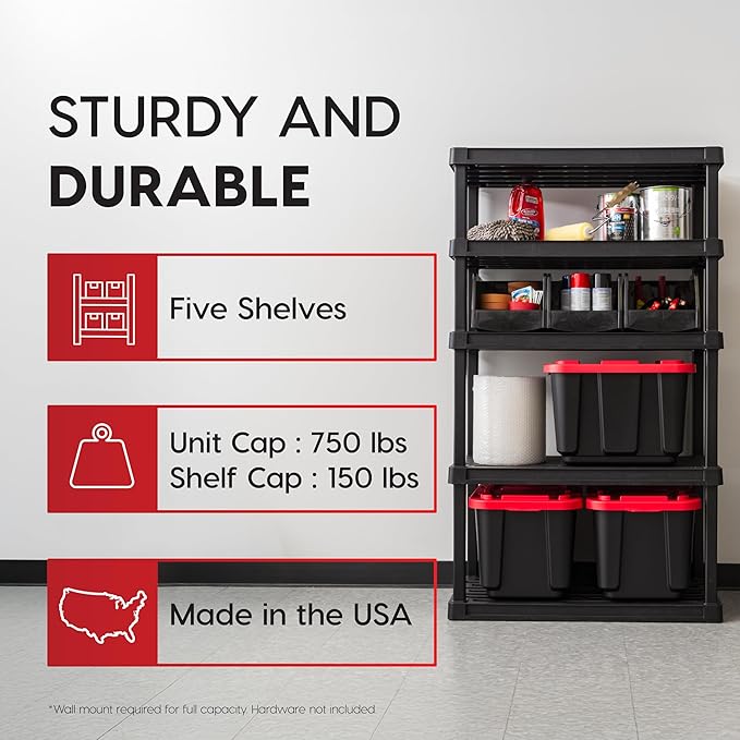 IRIS USA 5-Shelf Heavy Duty Plastic Storage Shelves, 750lb Capacity, 68" H x 36" W x 18" D, Large Modular Shelving Unit Storage Organizer for Garage, Home, Warehouse & Gym, Storage Rack - Black