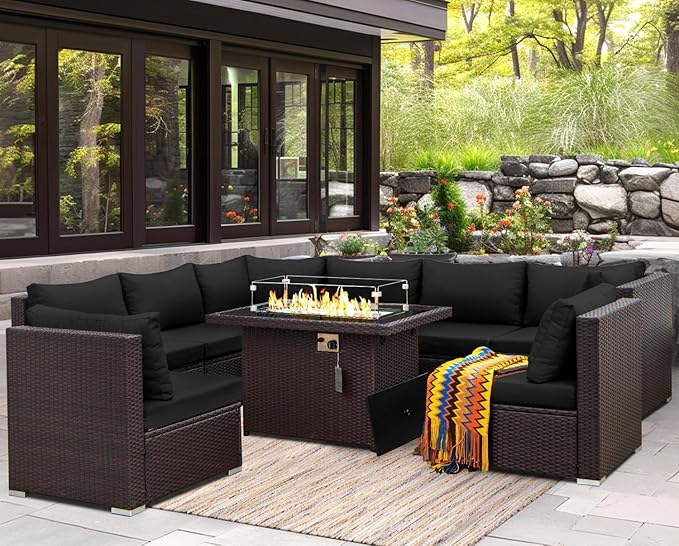 NICESOUL Modern Large Patio Furniture Set with Firepit Propane/Natural Gas, 29.3'' High Back Comfy Outdoor Sectional Couch Sofa Sets, 9 Piece Extra Wide Modular Sitting, Brown Rattan and Black Cushion