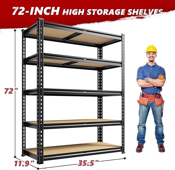 REIBII 2400LBS Storage Shelves 5 Tier Garage Shelving Heavy Duty Adjustable Garage Shelves, Utility Rack Shelf, Shelving Units for Storage Warehouse Pantry Closet, 35.5" W x 11.9" D x 72" H, 4 Pack
