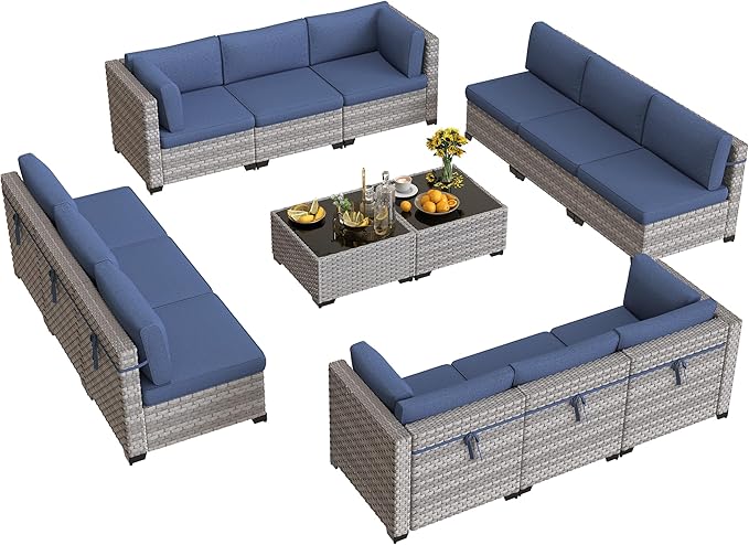 12-Seat Modular Patio Furniture Set – Outdoor Wicker Sectional Sofa with Thick 4″ Cushions, Dual-Strand PE Rattan, Rust-Resistant 18 mm Steel Frame, Backyard Garden Deck Lounge,Navy