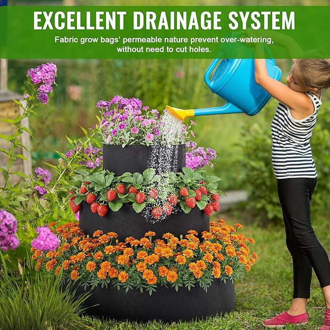 3 Tiered Strawberry Planter for Outdoor Plants, 23.6 Inch Heavy Duty Strawberry Garden Planter Grow Bags, Breathable Non Woven Fabric Raised Garden Bed for Vegetables Flower Herbs Gardening