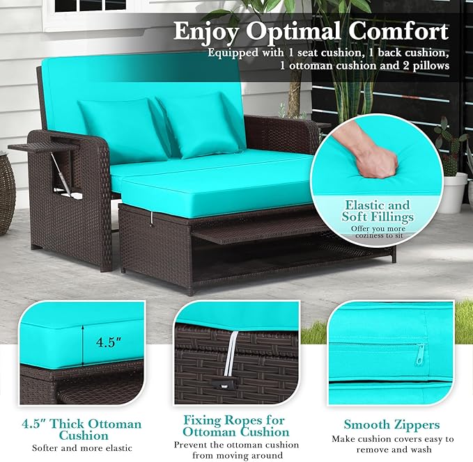 Nightcore Wicker Patio Outdoor Daybed, Outdoor Chaise Lounger w/ 4-Level Adjustable Backrest, Retractable Side Trays, Storage Ottoman, Comfortable & Removable Cushions, Rattan Loveseat (Turquoise)