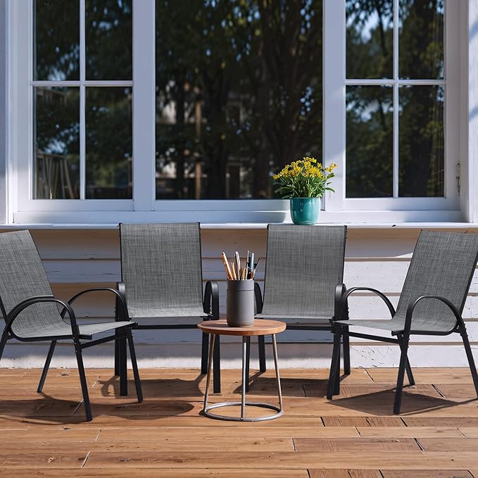 Flamaker Patio Chairs Stackable Dining Chairs Set of 4 Metal and Teslin Outdoor Chairs for Lawn Deck Balcony Porch (Grey)