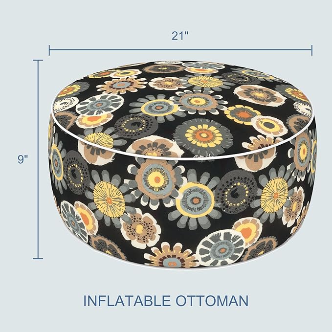 LVTXIII Indoor/Outdoor Inflatable Ottoman with Handle D21 x H9 Inch, Weather-Resistant Round Footstool Pouf for Patio Camping Living Room, Portable Footrest Extra Seating, Black Yellow Crosby