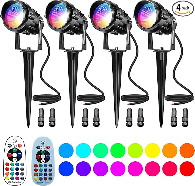 Christmas RGBW Landscape Spotlight,12W RGBW Color Changing Outdoor Spot Lights for Yard, Low Voltage LED Landscape Spotlight with Remote Control, IP65 Waterproof Yard Spotlgiht for Garden, 4 Pack