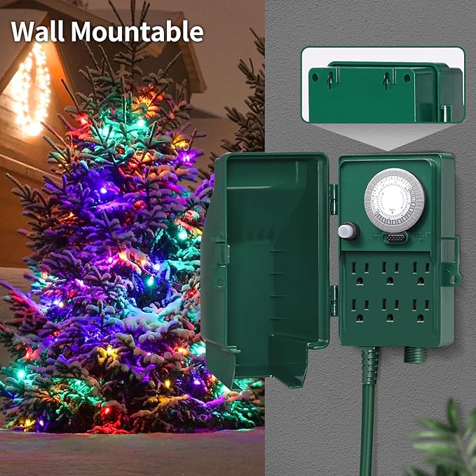 SURAIELEC Outdoor Power Stake, 24-Hour Mechanical Light Timer, Electrical Power Strip Weatherproof, 6FT Extension Cord Multiple Outlet Plug for Patio Lights, Christmas Decorations, Outdoor Light