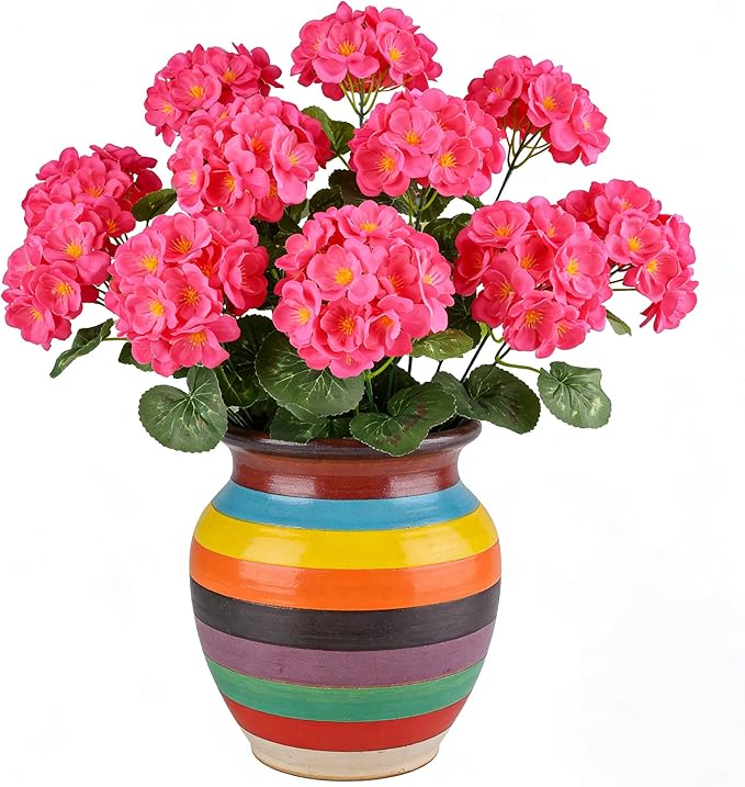Artificial Geraniums Flowers for Outdoors, 6 Bundles Realistic Silk Fake Geranium, No Fade Faux Plants for Hanging Baskets, Window Boxes, Planters - Porch, Patio, Garden Decor(Rosy)