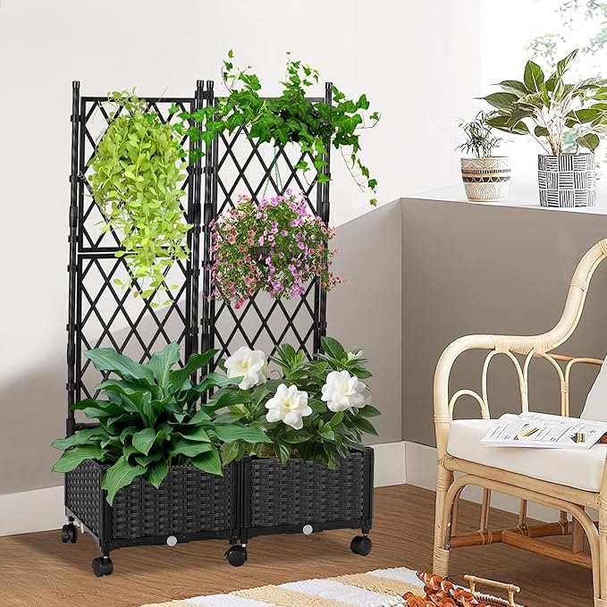 Raised Garden Beds with Screen Outdoor, Garden Trellis for Climbing Plants Indoor, Raised Privacy Planter Box with Trellis for Balcony Backyard Patio, Black, 2 Pcs