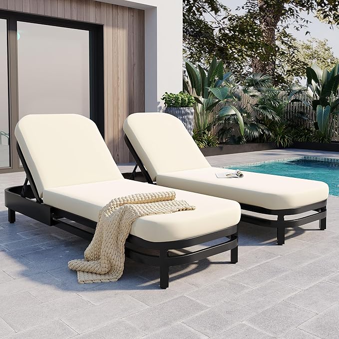 LUMISOL Outdoor Lounge Chair Set of 2, Modern Aluminum Chaise Loungers with Premium Cushions, 5-Level Reclining Chairs for Patio, Poolside, Garden, Beige Cushions