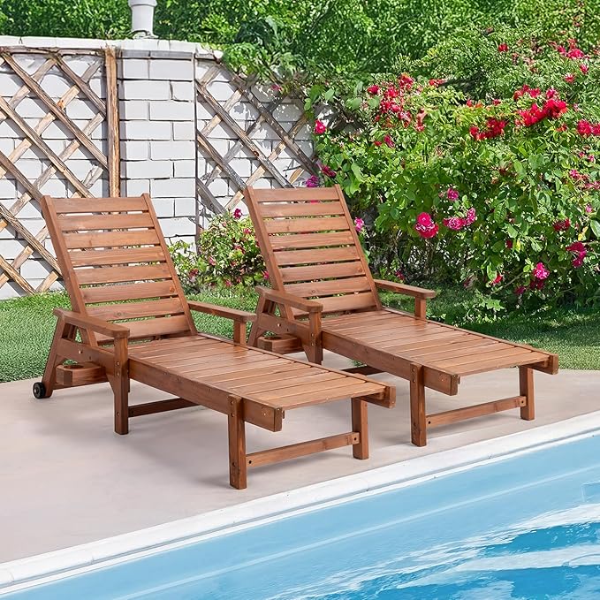 VINGLI Outdoor Chaise Lounge Chair, Wooden Patio Lounger Chair with Adjustable Backrest, Pool Chaise Lounge with Cup Holder & Wheels for Sunbathing Poolside Beach, Brown
