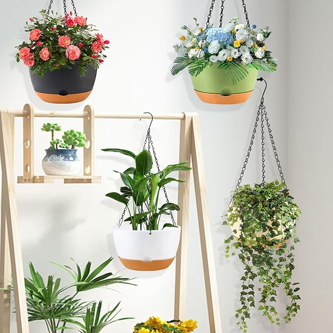 4 Pack Plastic Hanging pots for Plants Indoor,8 Inch Plant Pot Indoor Outdoor Hanging Baskets,Hanging Flower Pots with Drainage Holes and Chain for Garden Porch Plants(Black)