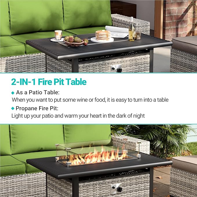 7-Piece Outdoor Patio Furniture Set with 55,000 BTU Fire Pit Table, PE Wicker Rattan Sectional Sofa Patio Conversation Set with Thickened Cushions & Coffee Table, Avocado Green