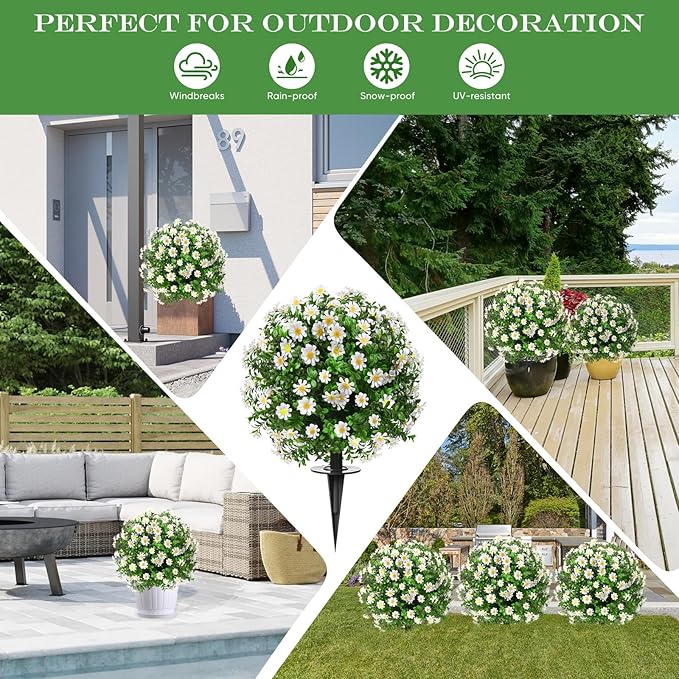 Artificial Topiary Bushes for Outdoors with Spike, Boxwood Ball Fake Shrubs UV Resistant Faux Plants for Indoor Outdoor Fall Thanksgiving Halloween Decor (Sunflower Boxwood White -2 Packs)