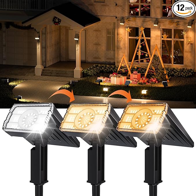 12 Pack Solar Spotlights Outdoor Waterproof IP67,Adjustable Wall&Ground Lights Powered with 3 Colors, 3 Modes, Dusk to Dawn Uplights for Pathway/Garden/Yard/Patio/Driveway/Landscape Lighting Outside