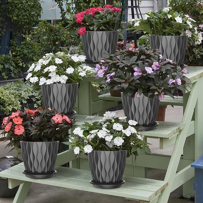 6 Pack 6 Inch Indoor Plant Pots with Drainage Holes, Outdoor Plastic Decorative Flower Pots, Garden Planters with Tray Saucers for Orchids, Violets, Succulents, Herbs, and Other Plants