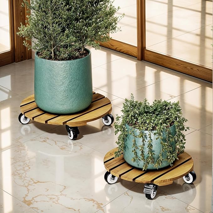 Idzo Combo 12 Inch and 14 Inch Acacia Wood Rolling Round Planter Caddies for Plant Pots, Heavy Duty Plant Stand with 360° Lockable Wheels, 264 lbs Capacity Caddy for Indoor and Outdoor Use, Golden Teak