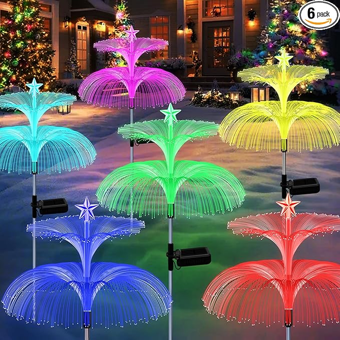 Solar Garden Lights, 6 Pack Solar Star Jellyfish Lights 7 Color Changing Fiber Optic Light Gardening Gifts for Mom Grandma Women, Flower Light for Outdoor Yard Garden Decor