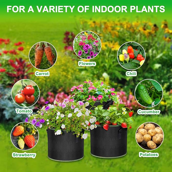 5 Gallon Grow Bags 12 Pack - Thickened Nonwoven Aeration Planter Bags with Handles, Plant Tags & Seedling Bags, Heavy Duty Black Fabric Pots for Vegetable Gardening Garden Outdoor