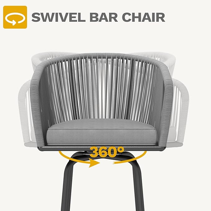 DWVO Outdoor Counter Height Bar Stools Set of 2, Patio Swivel Bar Chairs with Soft Cushions, 360° Rotation, Bar Height Rattan Chairs for Backyard, Poolside, Garden, Gray