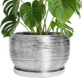 SQOWL Ceramic Pot for Plants - 10 Inch Planter Indoor, Round Large Planter Outdoor with Drainage Hole and Plant Saucer, Decorative Ceramic Flower Pot, Kitchen Decor, Housewarming Gifts, Silver