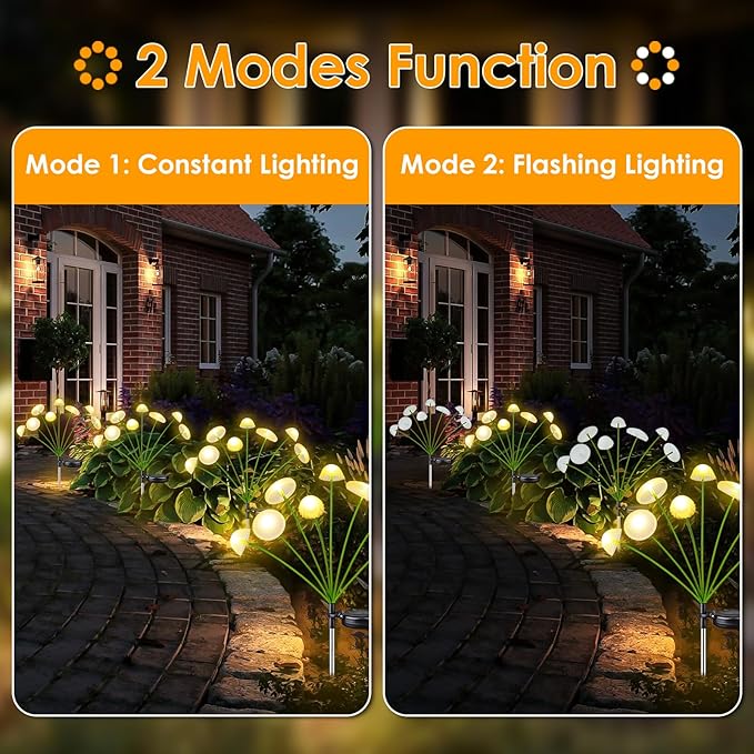 2PK 16LED Solar Garden Lights Outdoor, Mushroom Solar Lights Outdoor, IP65 Waterproof Firefly Light Outside Decor for Patio Pathway, Sway by Wind for Pathway Garden Mushroom Decorations, Warm White