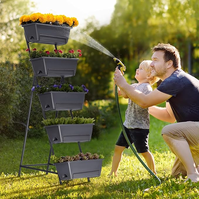 5 Tier Vertical Garden Planter Grey Herb Garden Planter for Outdoor Plants Vertical Raised Garden Bed Standing Tiered Flower Planter Boxes for Outdoor Garden Patio Yard
