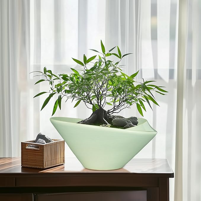 Ceramic Bonsai Pots - Large Succulent Planter 13 Inch Plant Pot Indoor Succulent Pot with Drainage Hole Outdoor Planter Bonsai Tree Pot for House Home Garden Office Decor Green