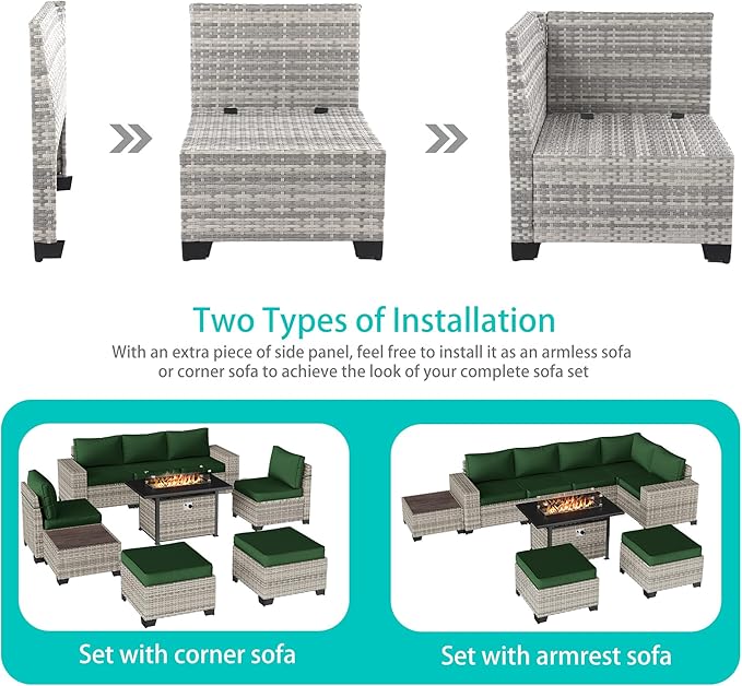 9-Piece Outdoor Patio Furniture Set with 55,000 BTU Fire Pit Table, PE Wicker Rattan Sectional Sofa Patio Conversation Set with Ottomans & Coffee Table, Green