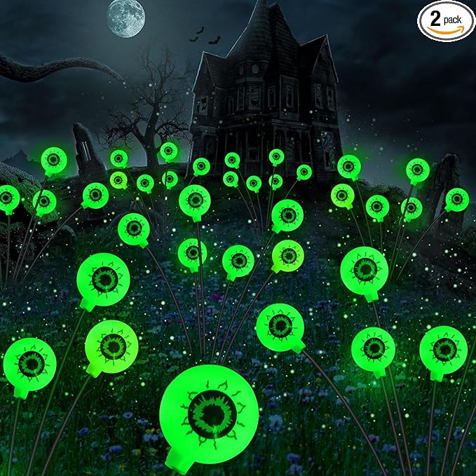 Halloween Solar Lights Outdoor Waterproof Solar Scary Eyeball Lights, 2 Pack Green Eyeball Swaying Firefly Lights, Solar Halloween Path Lights for Yard Garden Lawn Party Decor,