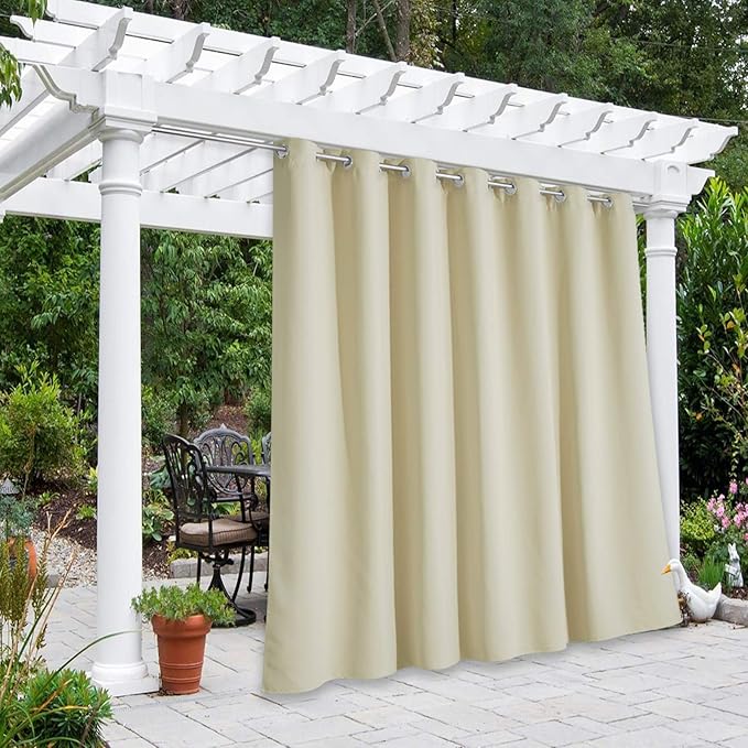 NICETOWN Indoor & Outdoor Curtain for Porch Waterproof, Room Divider Thermal Insulated Blackout Extra Wide Sliding Door Blind for Gazebo/Front Porch, Beige, 1-Pack, 100 Inch Wide by 108 Inch Long