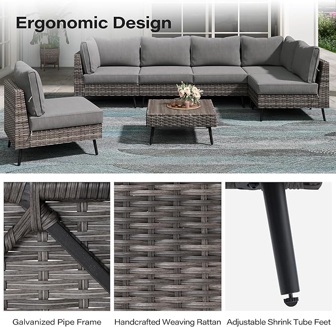 LAUSAINT HOME Outdoor Patio Furniture, 7 Piece Outdoor Sectional Sofa PE Rattan Wicker Patio Conversation Sets, All Weather Patio Furniture Set with Thick Cushions for Garden, Backyard (Grey)