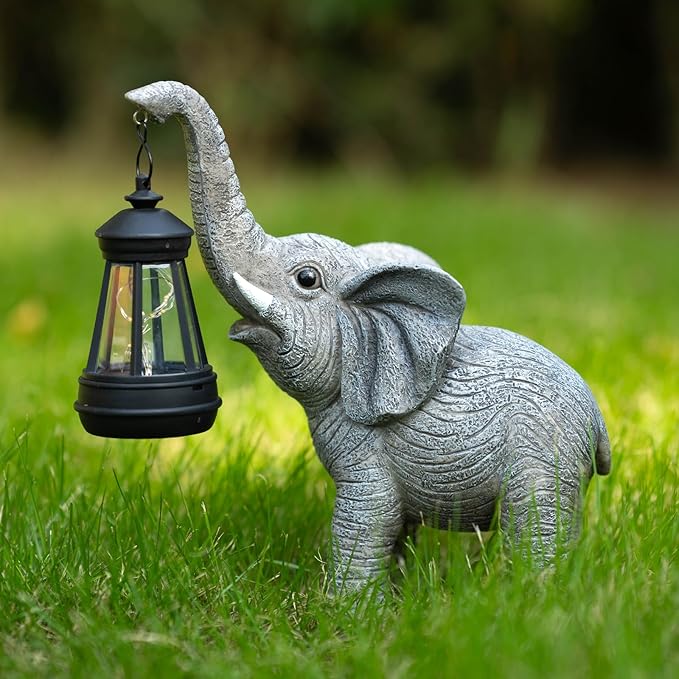 Solar Garden Statue Lights Elephants Figurine with Solar Lantern, Outdoor Yard Decorations for Patio Porch Home, Mothers Day Decorations Gift for Women - Unique Housewarming Gifts