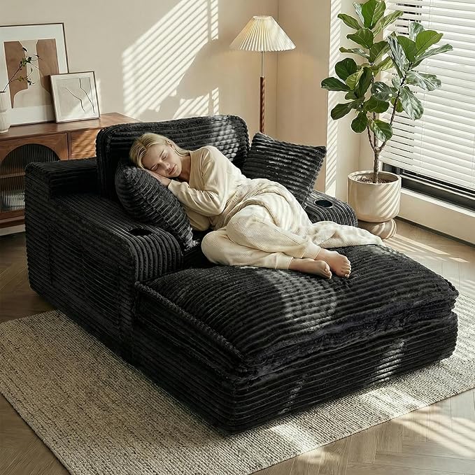 67" Oversized Chaise Lounge Chair Indoor, Soft Boneless Cloud Couch with 3 Pillows, 4 Side Pockets and 2 Cup Holders, Comfy Corduroy Sleeper Couch for Living Room Bedroom