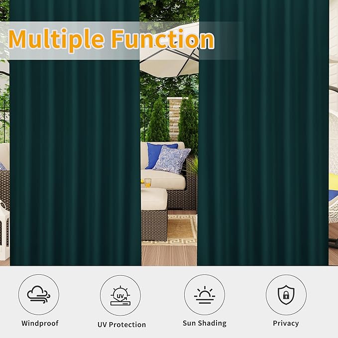 Easy-Going Outdoor Patio Curtains Detachable Tab Top Windproof Weatherproof Curtain for Cabana, Porch, Pergola and Gazebo, Tab Bottom Drape, 2 Panels, 54W x 84L inch, Teal
