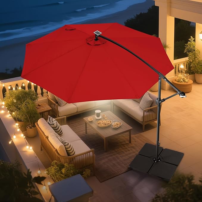 Solar Offset Patio Umbrella - 10 ft Solar Cantilever Umbrella Outdoor with 40 LED Lights and Cross Base, UV Protection for Garden, Deck, Backyard, Pool, Porch (Red)