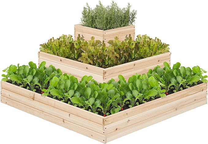 Yaheetech 3 Tier Wooden Raised Garden Bed 44.5'' L×44.5″ W×20.5″ H, Horticulture Open-Bottom Planter Raised Garden Bed for Flowers/Herbs/Vegetables Planter Flower Box