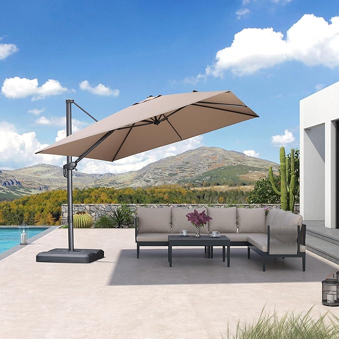 PURPLE LEAF Patio Umbrella 10' X 10' Rectangle Cantilever Umbrella Large Aluminum Outdoor Umbrellas with 360-degree Rotation & UPF40+ Premium Fabric for Deck Pool Garden Yard,Sand Dune