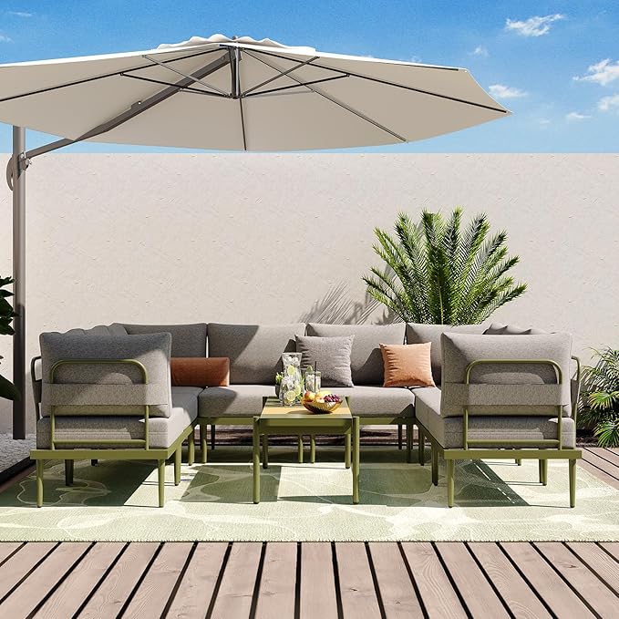 Sundale Outdoor 9 Pieces Patio Furniture Set, U-Shaped Outdoor Sectional Sofa with 6 Inch Olefin Cushion and Coffee Table, Modern Metal Outdoor Conversation Sets for Backyard, Poolside